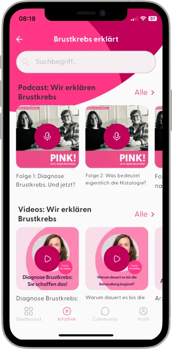 App-Screen: Brustkrebs erklärt – Podcasts & Videos