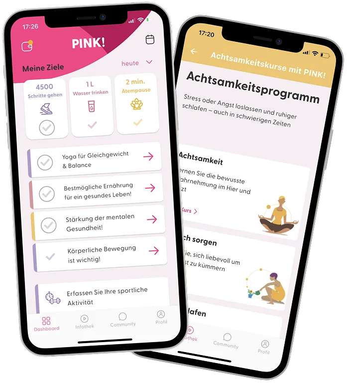 Zwei PINK! Coach App-Screens nebeneinander